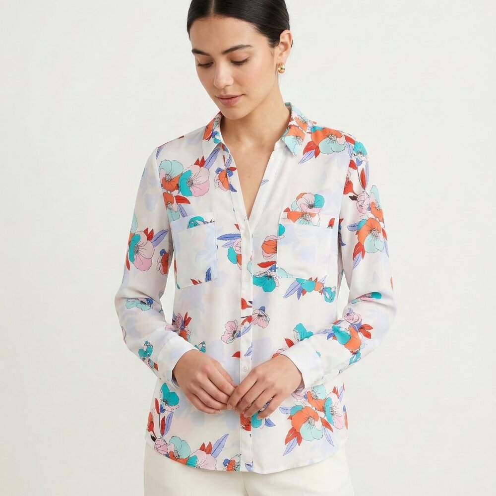 Candie's Blouse White Floral Coquette Demure Boho Sheer Button Up XL